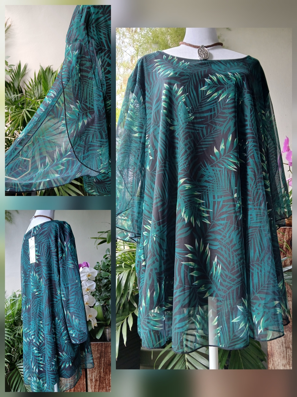 🔥NWT SESE CODE Sheer Green Leaf-Print Tunic Top Size 3XL & FREE GIFT